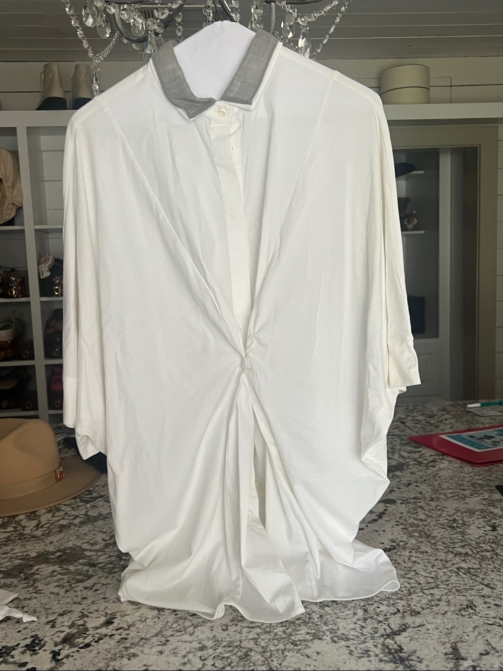 Brunello Cucinelli White Twist-Front Asymmetrical Dress with Gray Collar